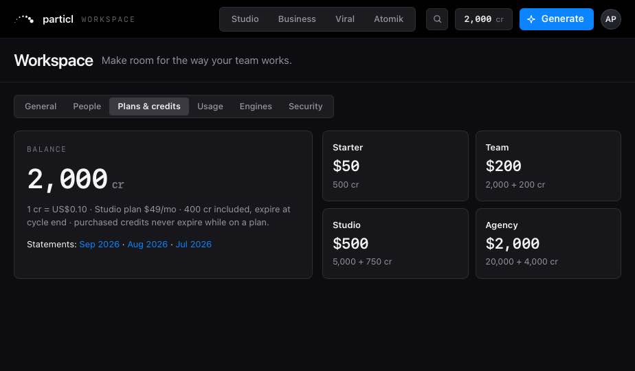 Workspace, Plans and credits: the balance, the plan, credit packs and monthly statements